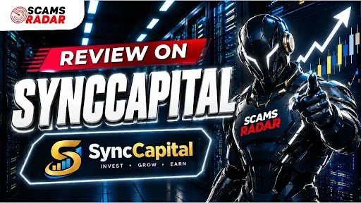 Review on SyncCapital by Scams Radar featuring a dark futuristic sci-fi robot in a server room pointing forward with financial market charts in the background.