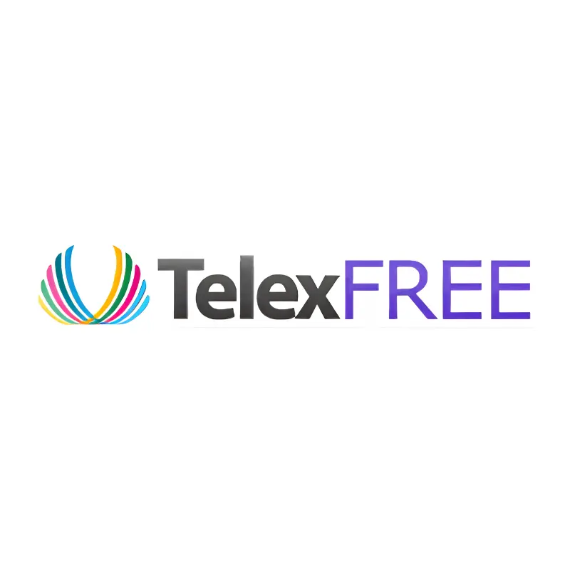 TelexFree logo featuring colorful curved shapes and gray and purple text on a white background.