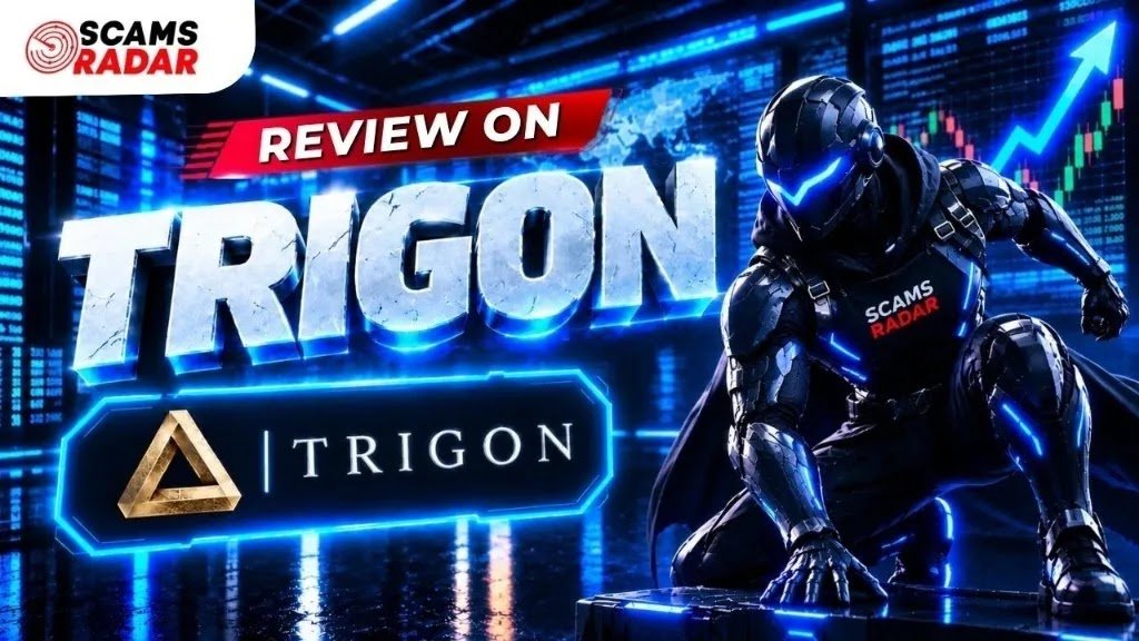 Review on Trigon by Scams Radar featuring futuristic trader character and market analytics chart