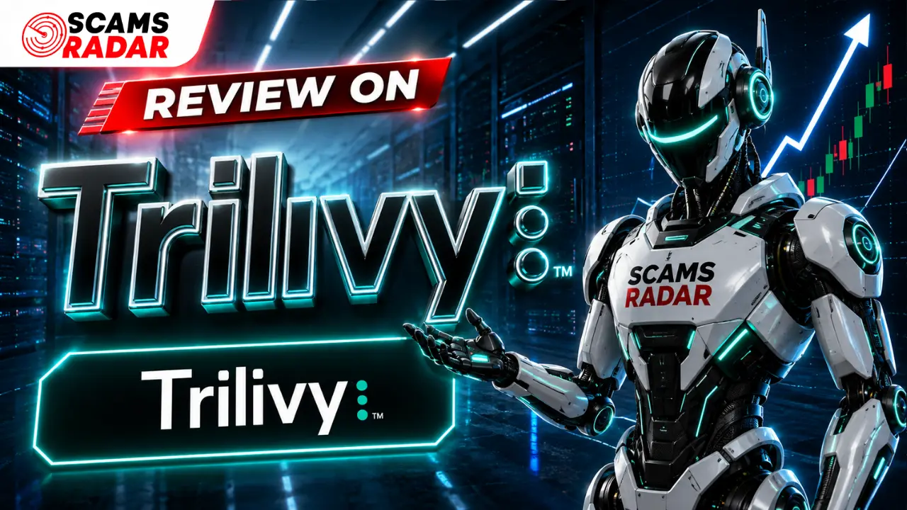 Trilivy Review by Scams Radar featuring a futuristic robot and trading stock charts