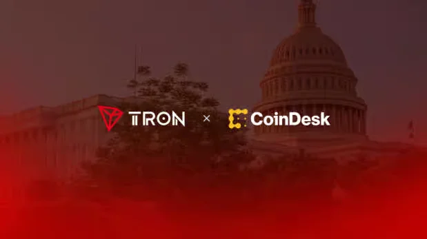 TRON and CoinDesk logos displayed side-by-side with an 'x' over a dark red-toned silhouette of the US Capitol building.