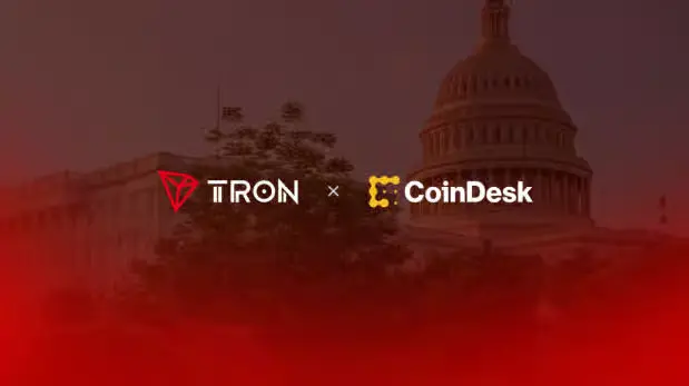 TRON and CoinDesk logos side by side with an 'x' symbol against a red-tinted background featuring the US Capitol building.