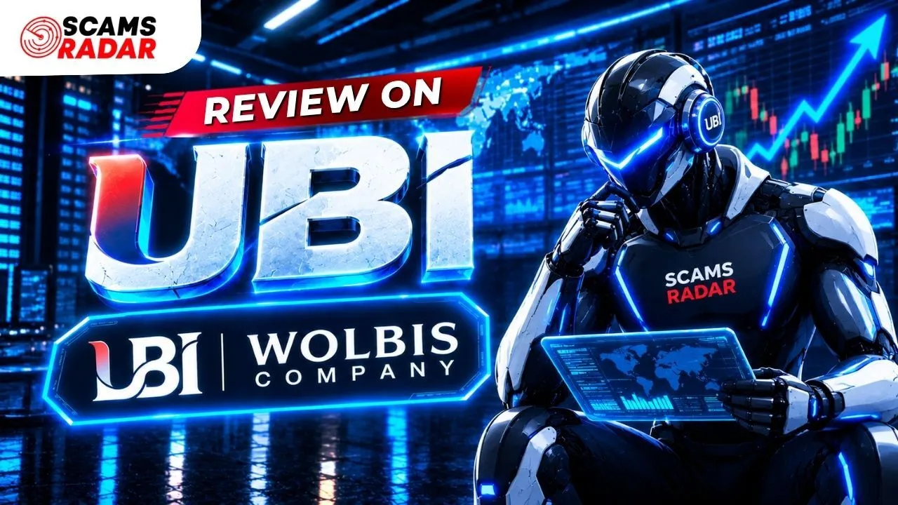 Scam Radar UBT review thumbnail featuring a robot, financial charts, and company review branding.