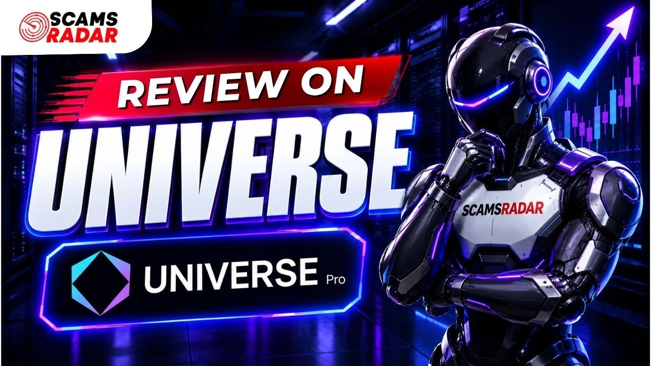 Universe Pro review badge with Futuristic AI robot by Scams Radar depicting trading market analysis