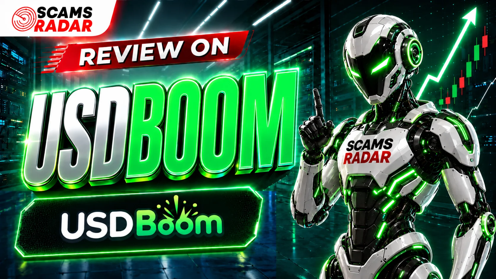Review on USDBoom by Scams Radar featuring a futuristic white and green cyber robot pointing up in front of trading charts.