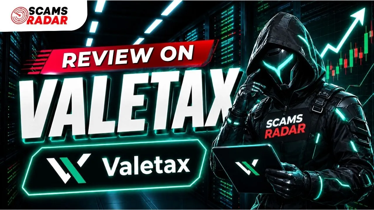 Valetax review thumbnail by Scams Radar featuring futuristic hooded figure with stock market chart