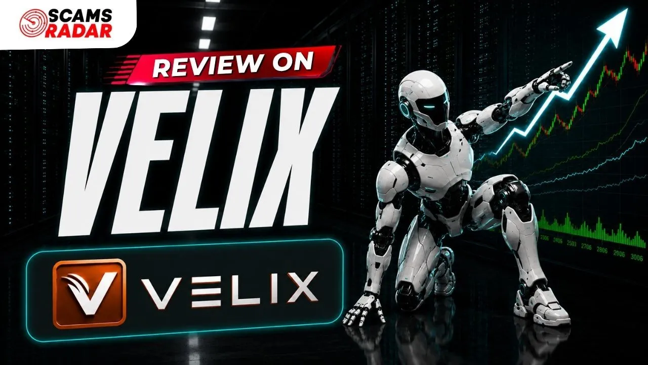 Velix Review featuring AI robot and cryptocurrency market chart