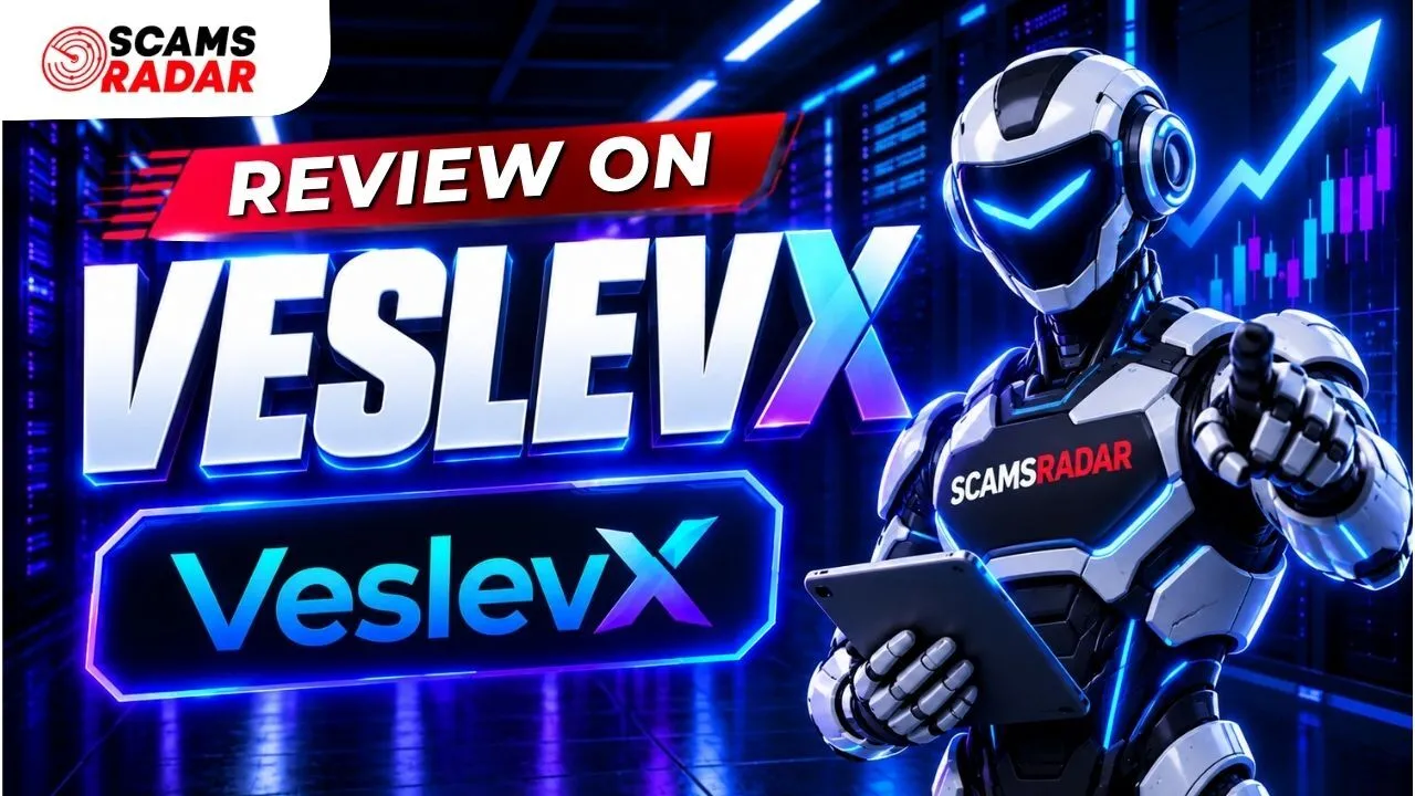 A futuristic blue-toned promotional graphic for 'Review on VeslevX' by Scams Radar, featuring a futuristic robot holding a tablet next to a rising stock chart and server background.