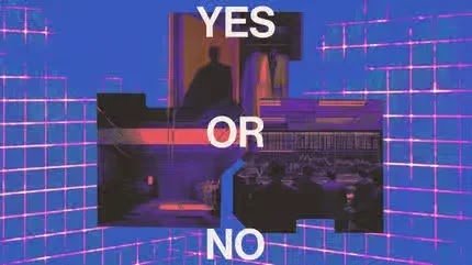 Abstract digital illustration featuring Yes or No decision text with grid and neon background elements.