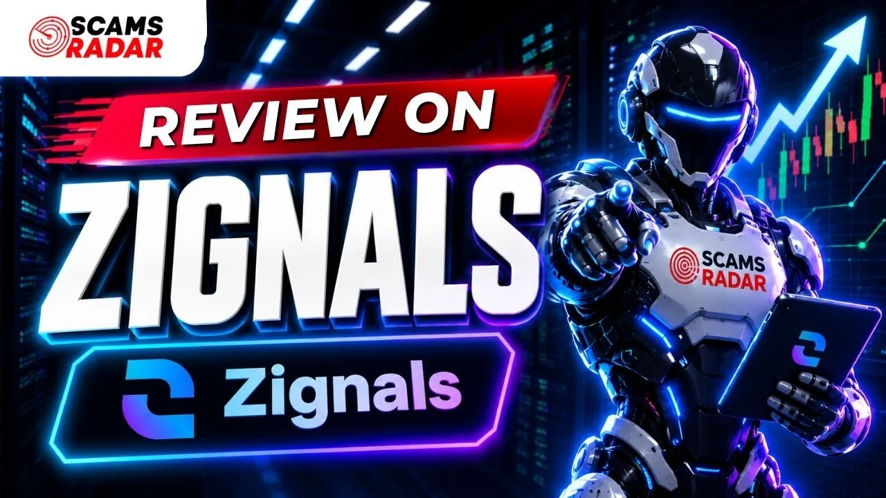 Review on Zignals by Scams Radar featuring a futuristic robot holding a tablet with the Zignals logo and text.