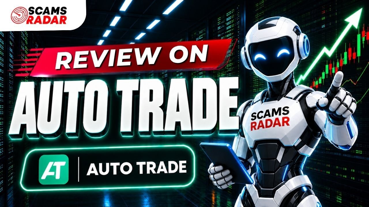 Auto Trade review thumbnail featuring the ScamsRadar robot, trading charts, and Auto Trade logo. Copy Alt Text