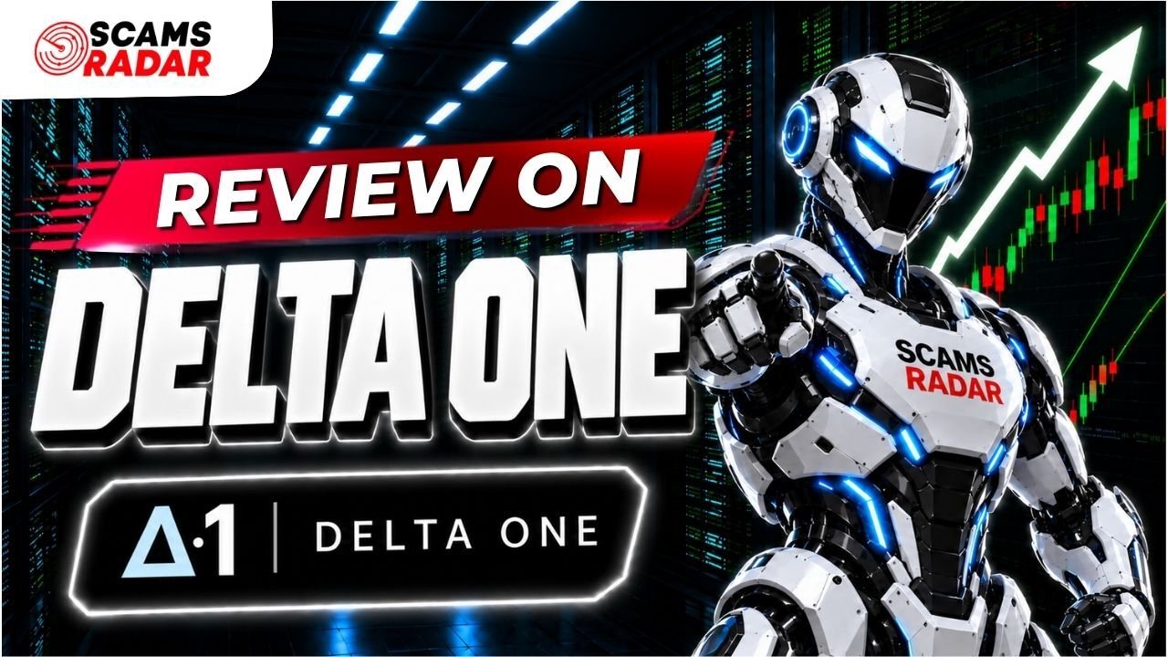 Delta One review featuring the ScamsRadar robot and cryptocurrency trading chart.