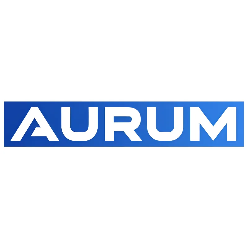 Aurum white brand name logo on a blue gradient background