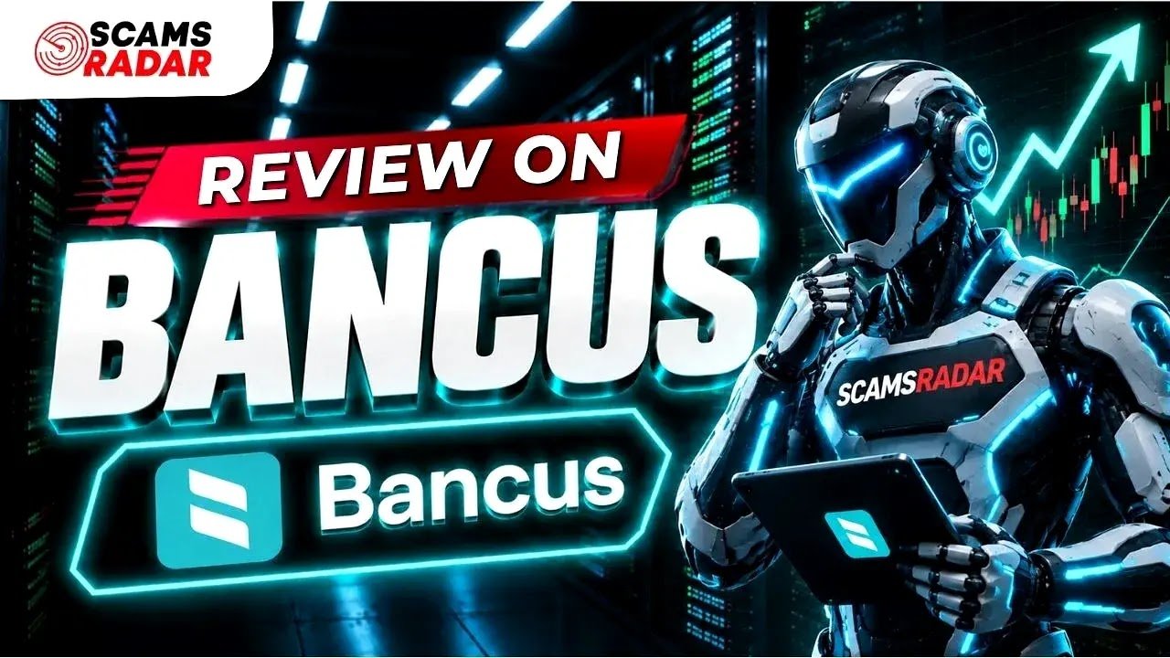 Futuristic robot holding a tablet next to Bancus logo with Review on Bancus text and market chart background.