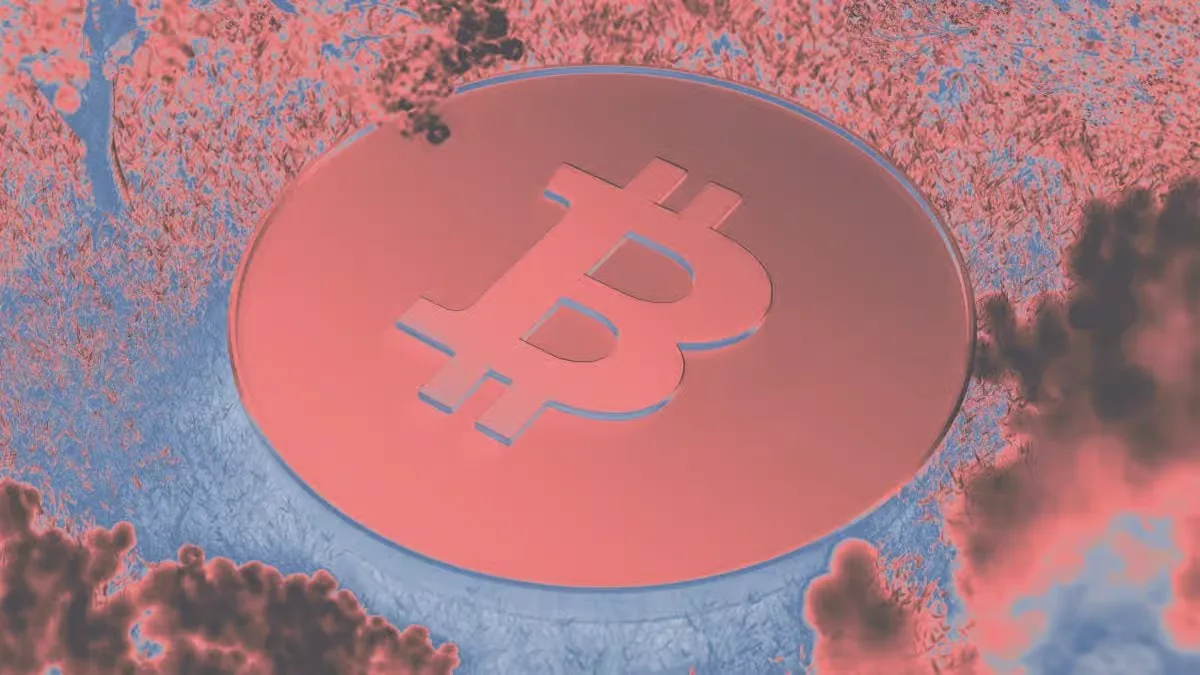 A Bitcoin coin with the Bitcoin symbol surrounded by a blue and red digital background.