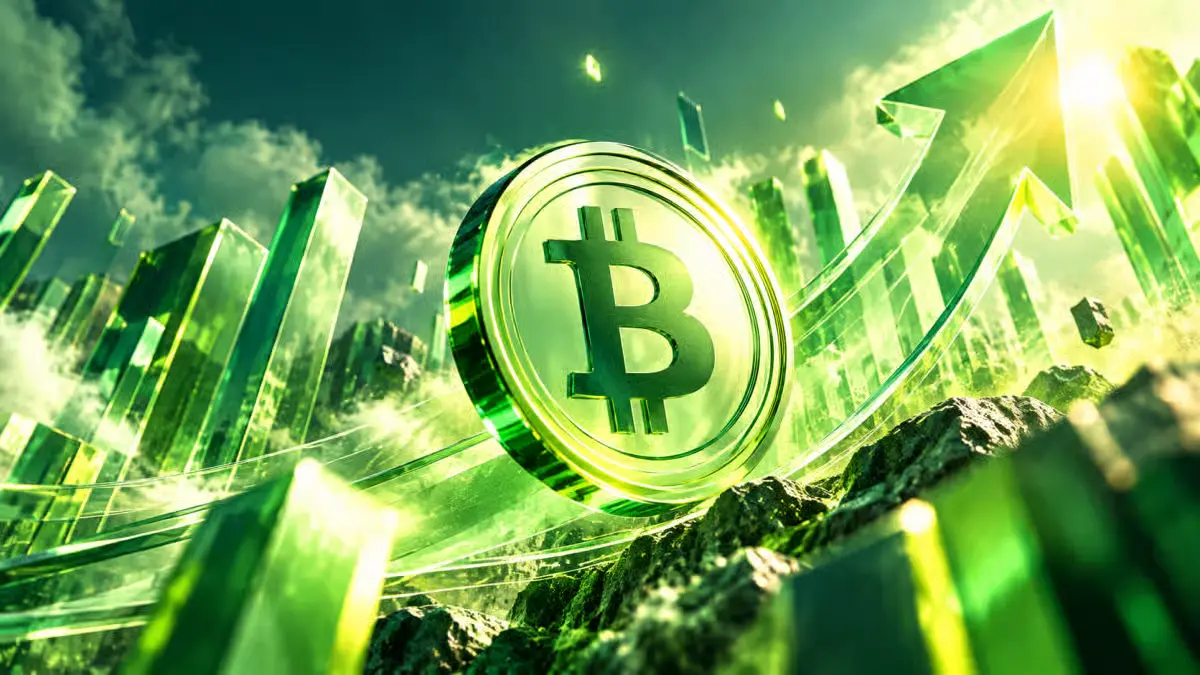 Green Bitcoin coin with upward growth arrow and rising crystal financial chart bars