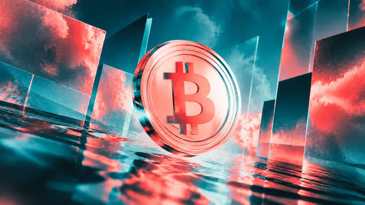 Bitcoin cryptocurrency coin with a Bitcoin symbol against a futuristic teal and red digital background.