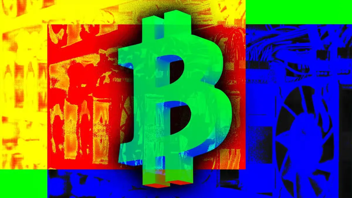 Green Bitcoin symbol against a colorful abstract background representing cryptocurrency and digital asset markets. Copy alt text