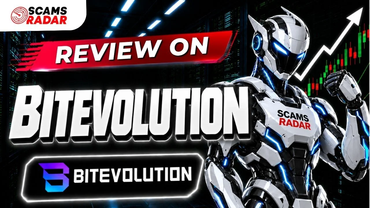 Review on Bitevolution with futuristic robot, trading chart, and Scams Radar branding