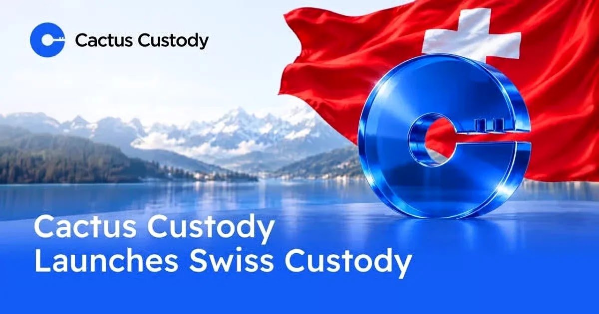 Cactus Custody logo and Swiss flag over scenic mountain landscape announcing Swiss Custody launch.