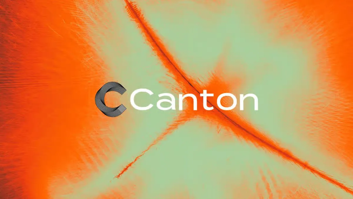 Canton company logo displayed over an orange and light green abstract background.