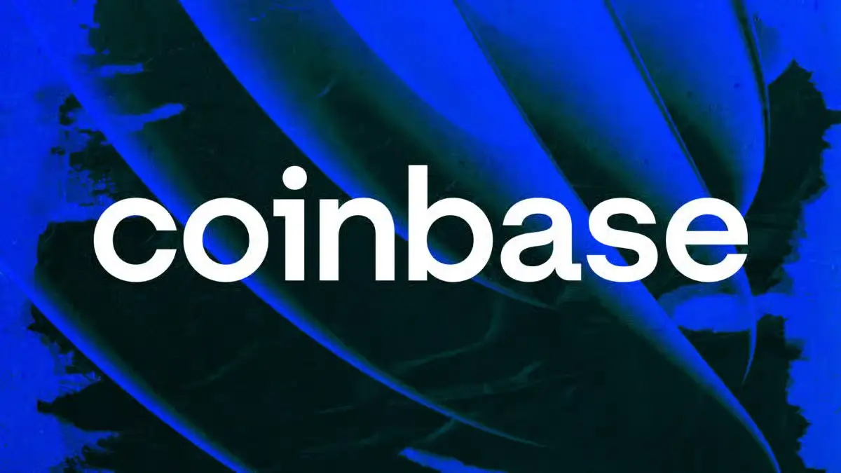 White Coinbase wordmark logo displayed on a vibrant blue and black abstract background
