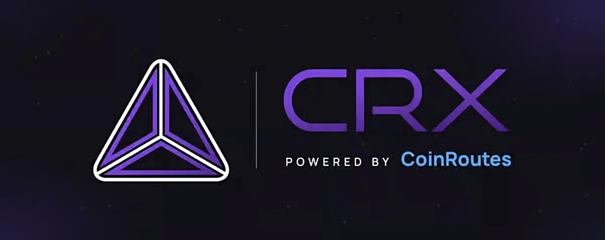 Purple CRX logo with a geometric triangular icon on a dark background displaying the text Powered by CoinRoutes.