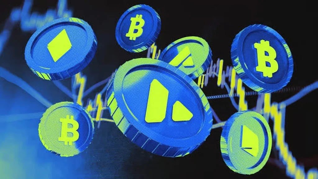 3D rendering of blue and neon green cryptocurrency coins floating over a financial market trading chart.