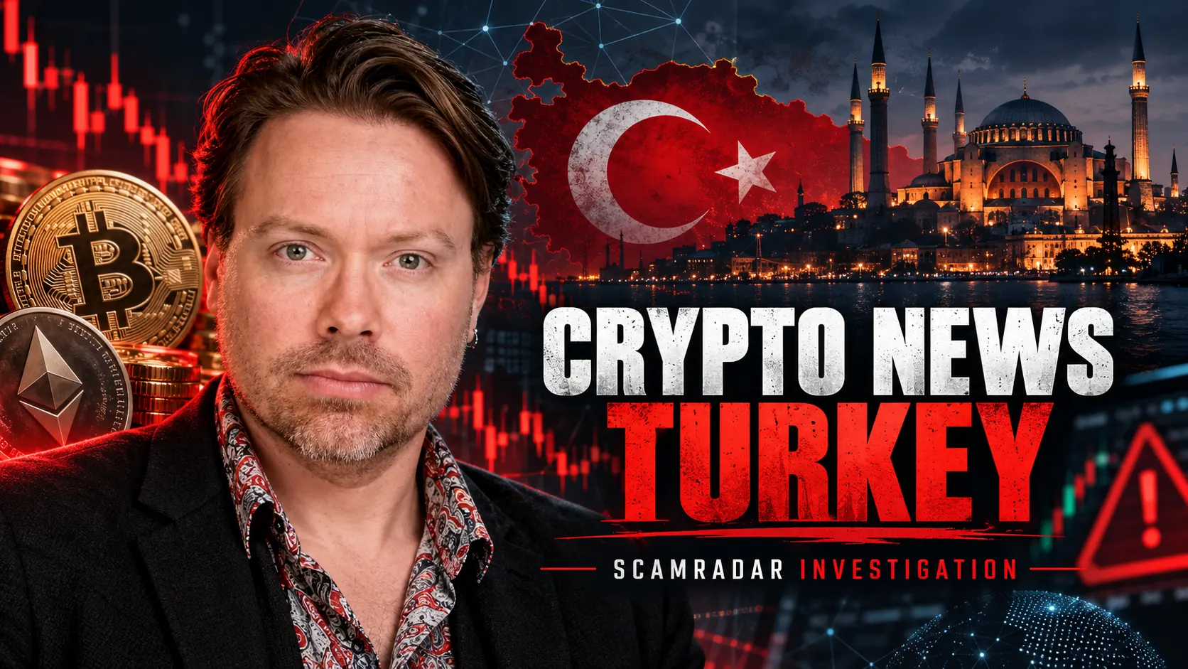 Crypto News Turkey investigation thumbnail featuring Bitcoin, Ethereum, Istanbul skyline, market charts, and ScamRadar branding. Copy alt text