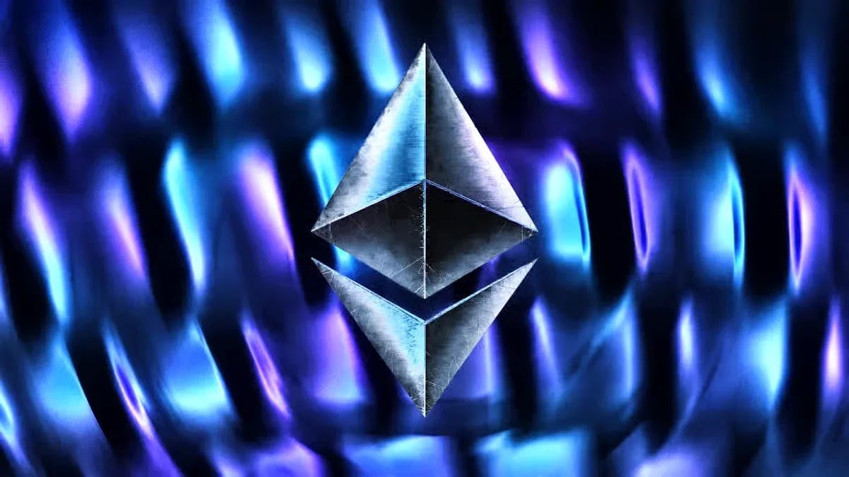 A 3D metallic Ethereum (ETH) logo with a scratched texture set against an abstract wavy blue and purple metallic background.
