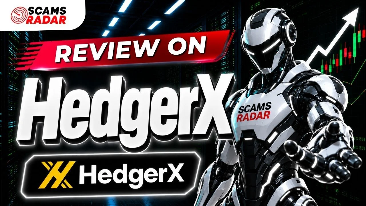 Review on HedgerX with robotic mascot, trading chart, and Scams Radar branding