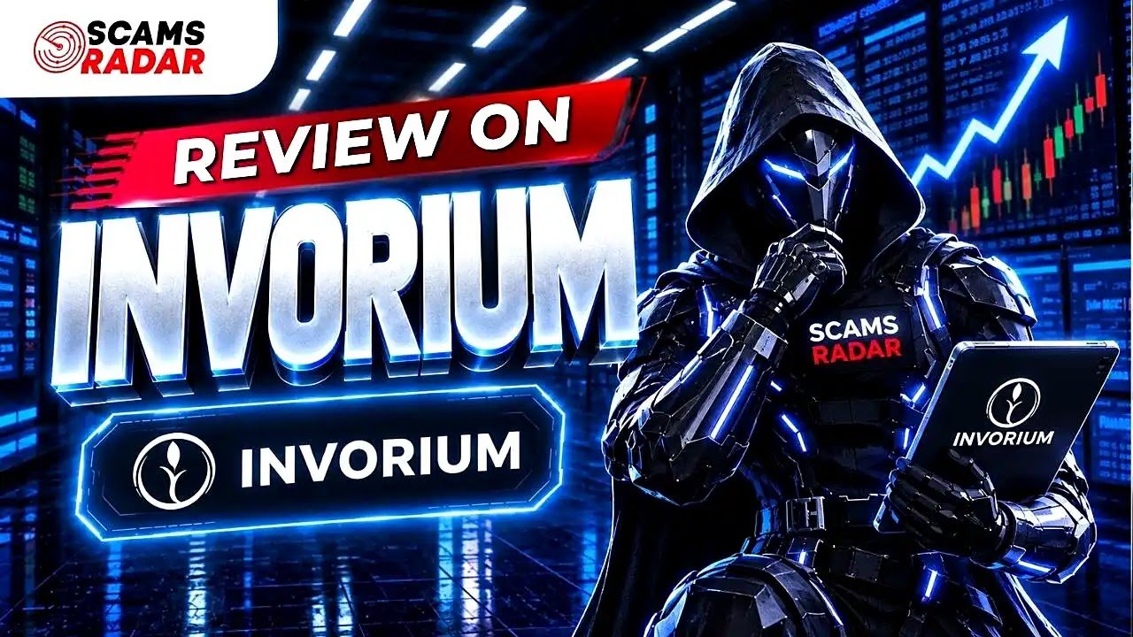 Cyber-themed banner for Invorium Review featuring a futuristic hooded figure holding a tablet with the Invorium logo against a trading chart background.
