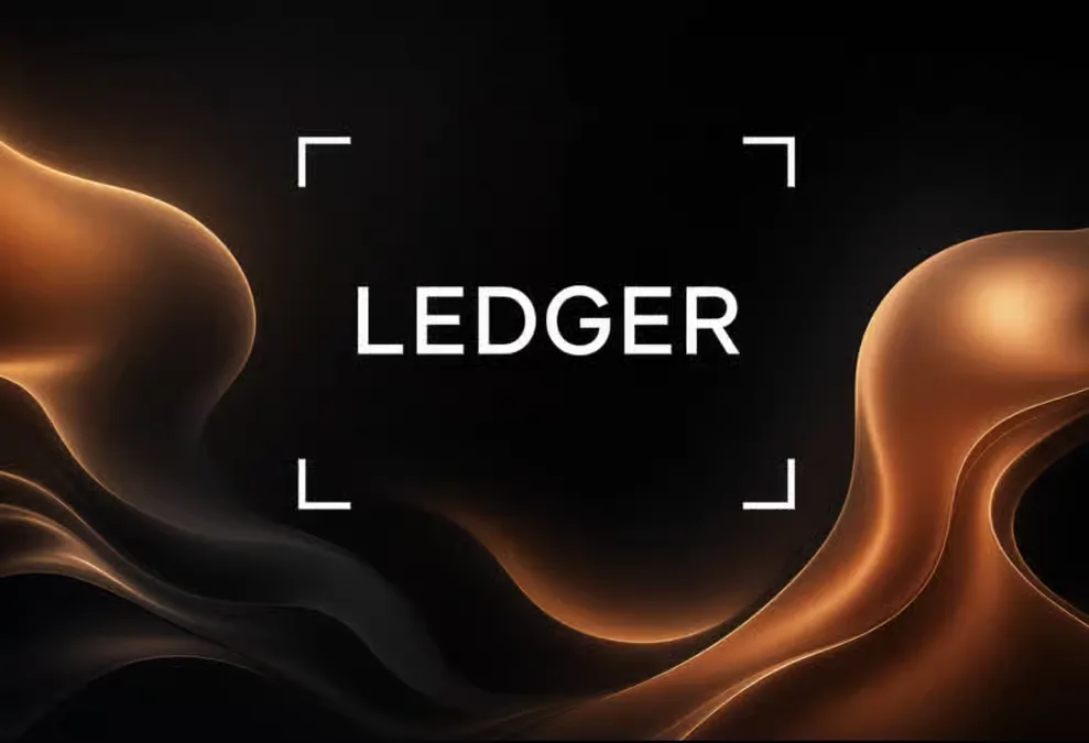Ledger logo displayed in white on a black background with copper-colored abstract waves.