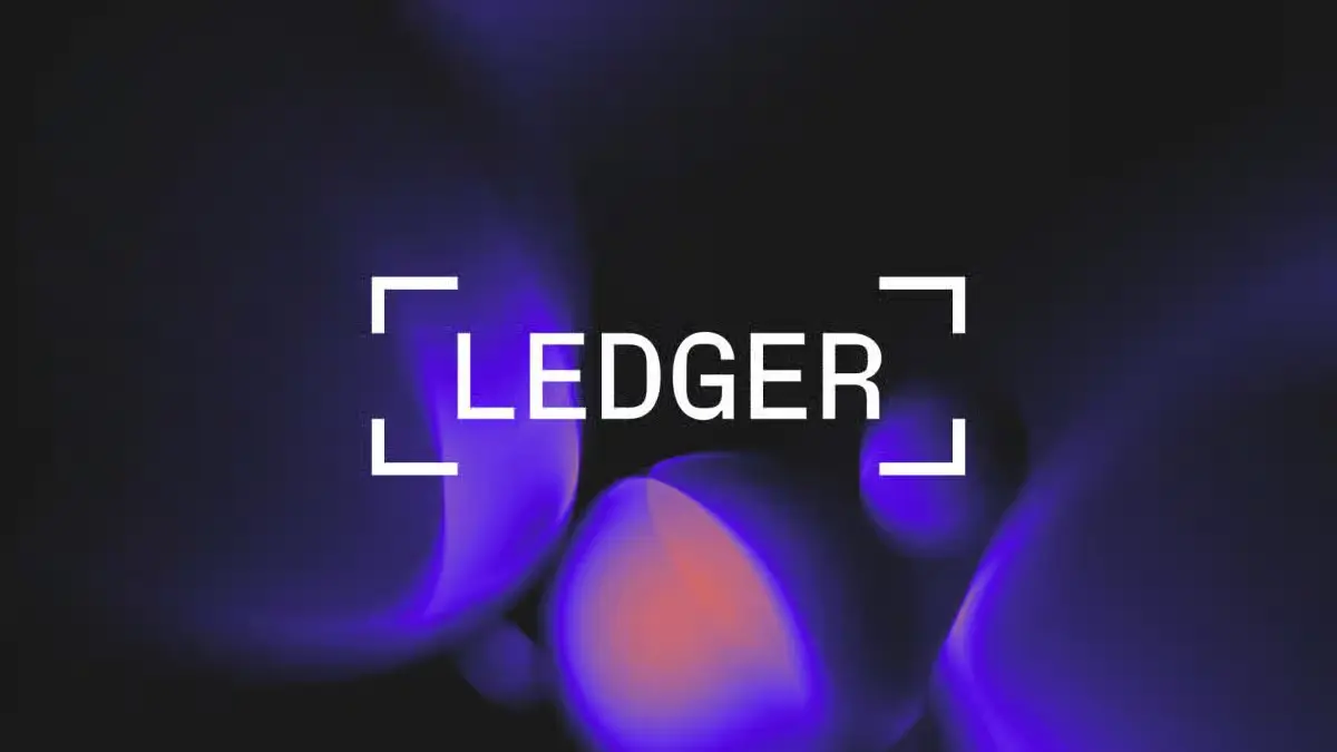 Ledger logo centered inside brackets over a dark purple abstract gradient background