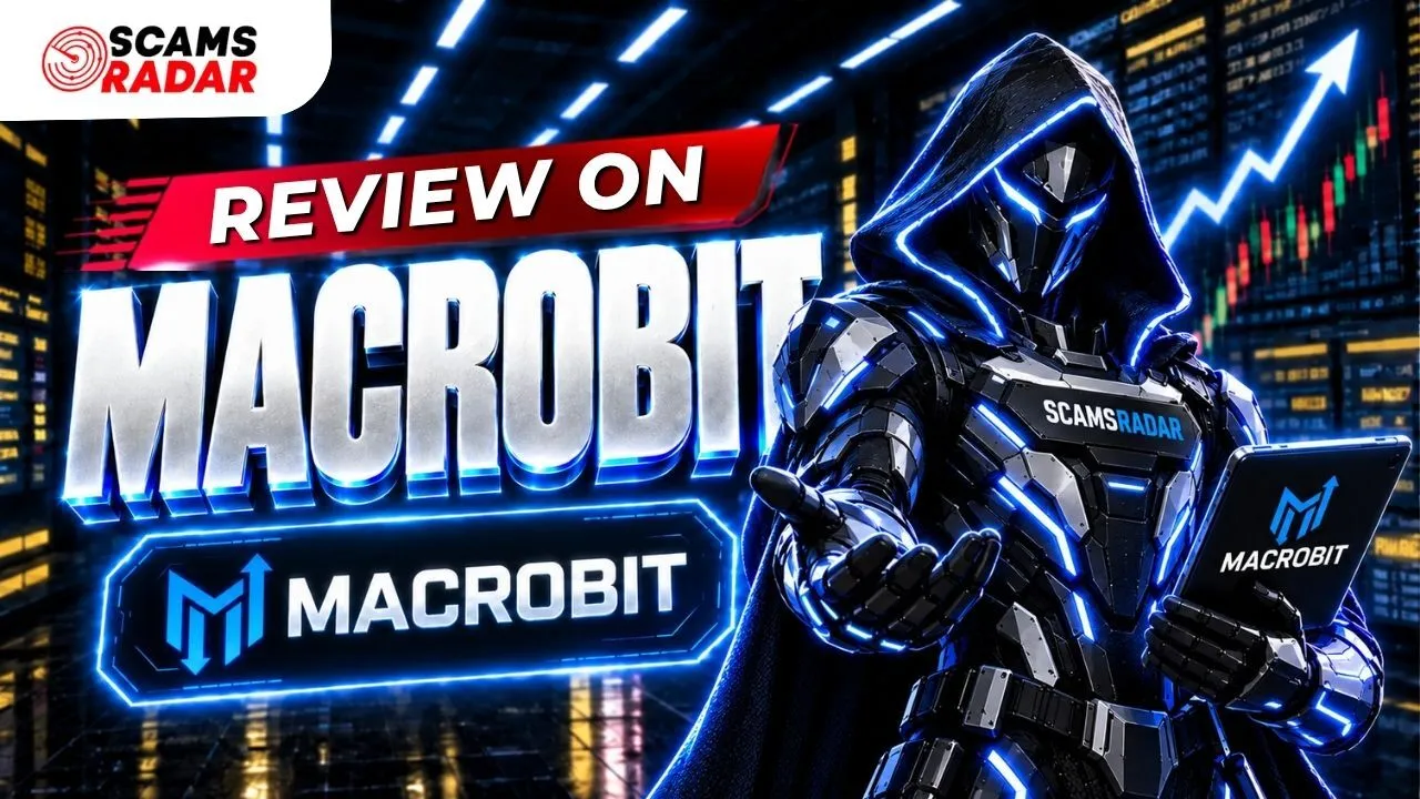 Scams Radar review on Macrobit with futuristic cyber character holding a tablet on stock market background