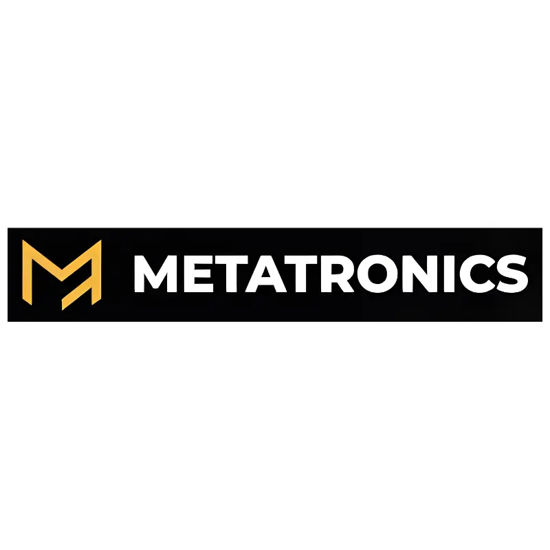 Metatronics company logo with stylized yellow M icon on a black background
