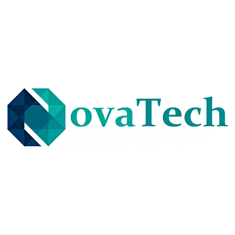 NovaTech logo featuring a geometric blue and teal icon with typography on a white background