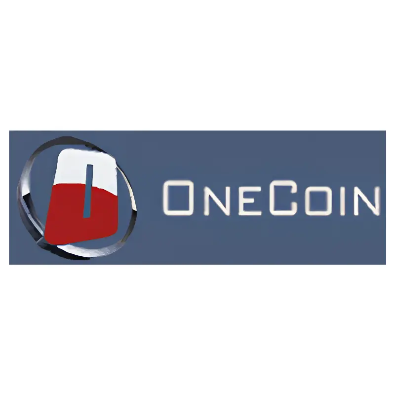 OneCoin logo featuring a red and white crest icon inside a metallic ring with white text on a blue background