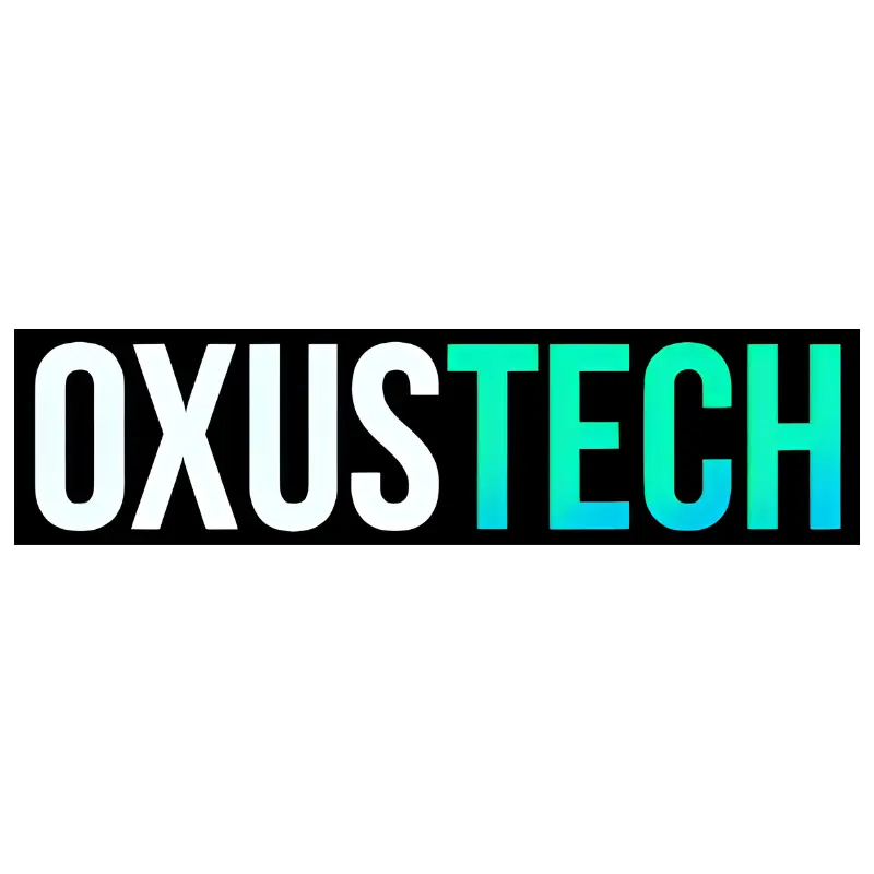 Oxus Tech logo with bold white and cyan typography inside a black rectangular background