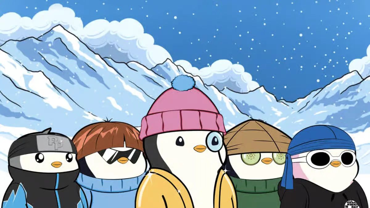 Group of cute Pudgy Penguins NFT characters wearing stylish hats, sunglasses, and winter attire against a snowy mountain backdrop