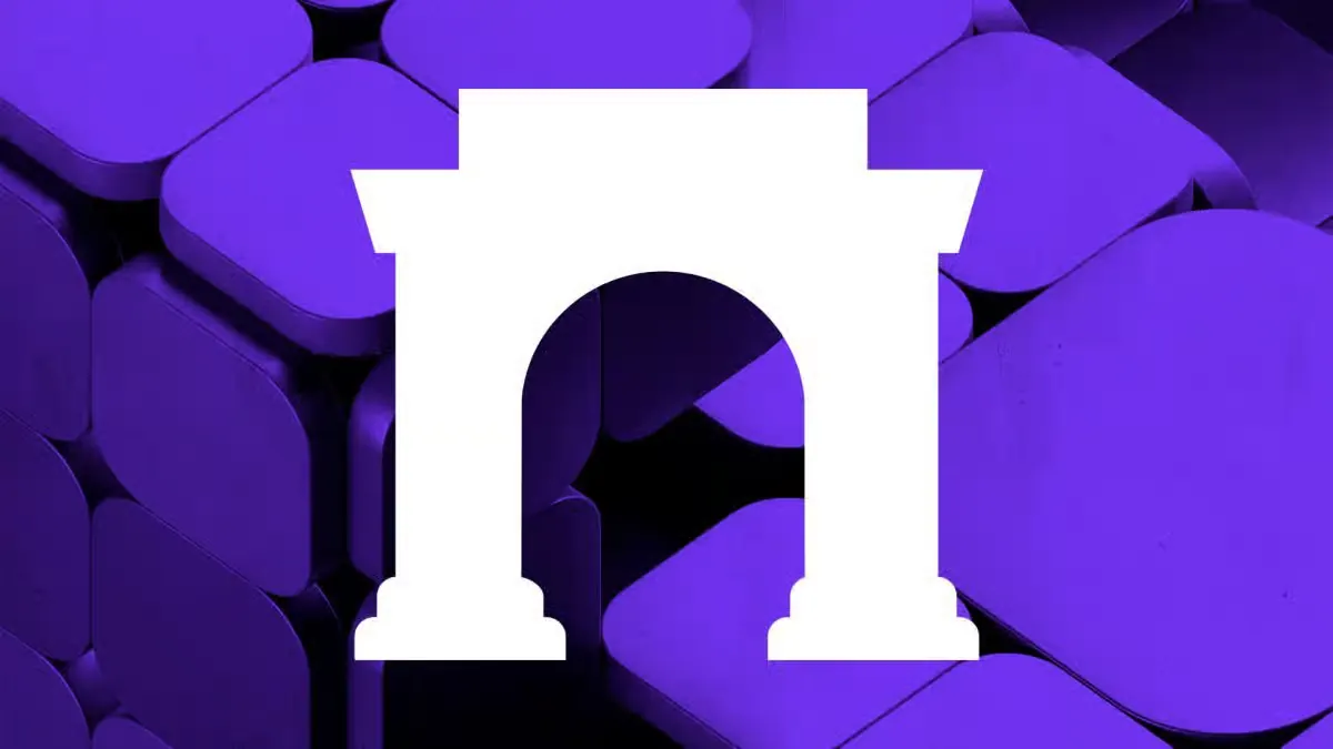 White arch-shaped logo on a purple abstract background for a crypto project review. Copy alt text