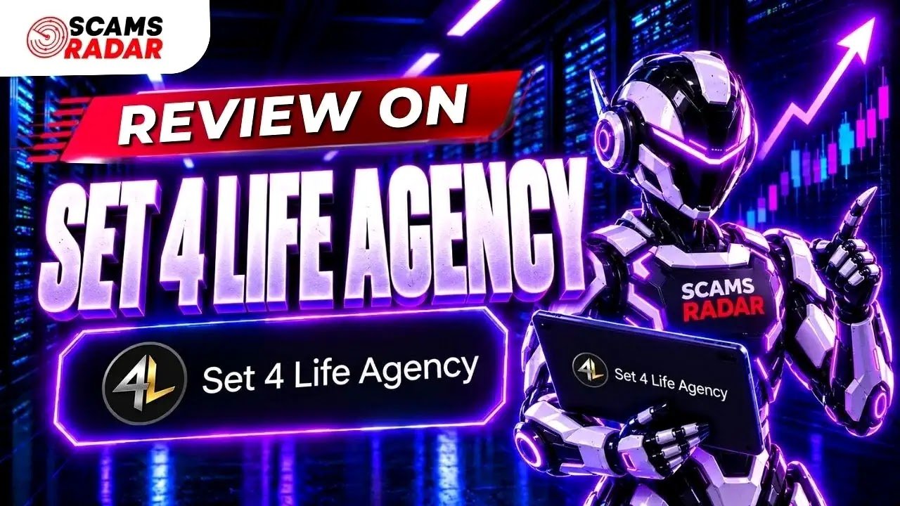 Review on Set 4 Life Agency promotional banner by Scams Radar featuring a futuristic robot holding a tablet against a neon tech server background.