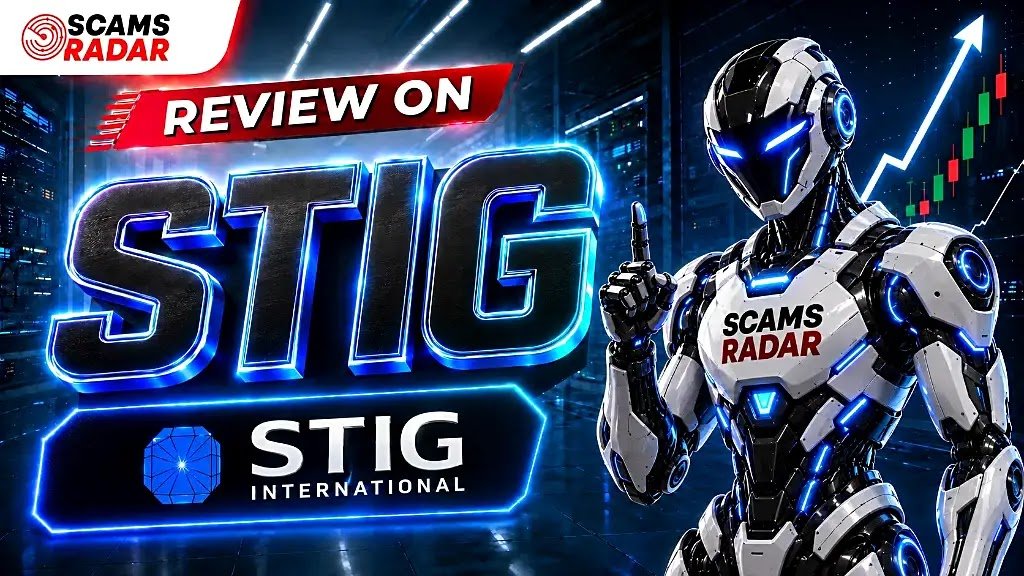 Futuristic white and black robot standing beside glowing blue STIG International review text and financial charts with Scams Radar logo.