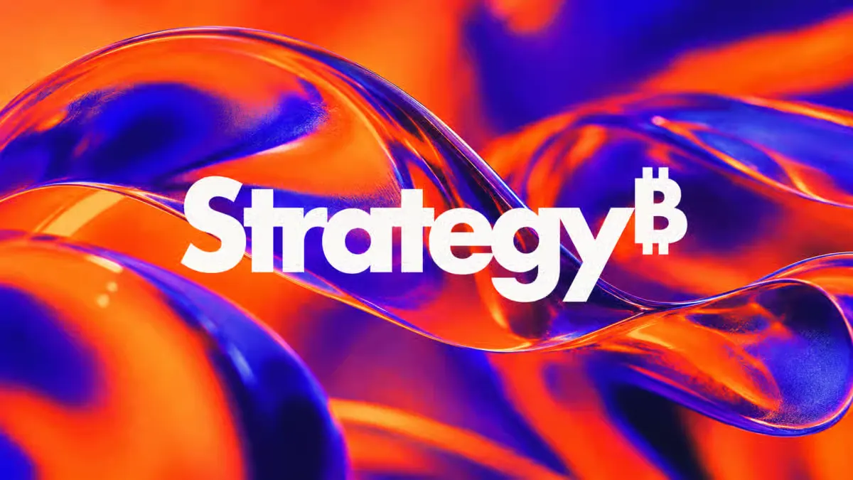 Strategy Bitcoin logo displayed on an abstract orange and purple background. Copy alt text