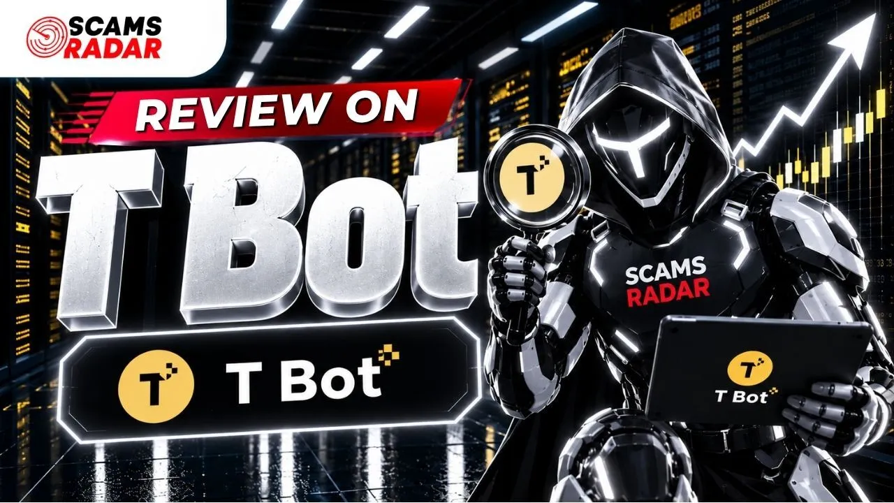 T Bot review by Scams Radar showing a futuristic character holding a magnifying glass near T Bot logo
