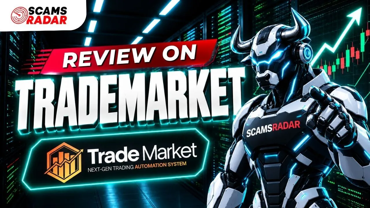 Scams Radar review thumbnail on Trade Market next-gen trading automation system featuring a robotic cyber bull alongside stock market charts and server background