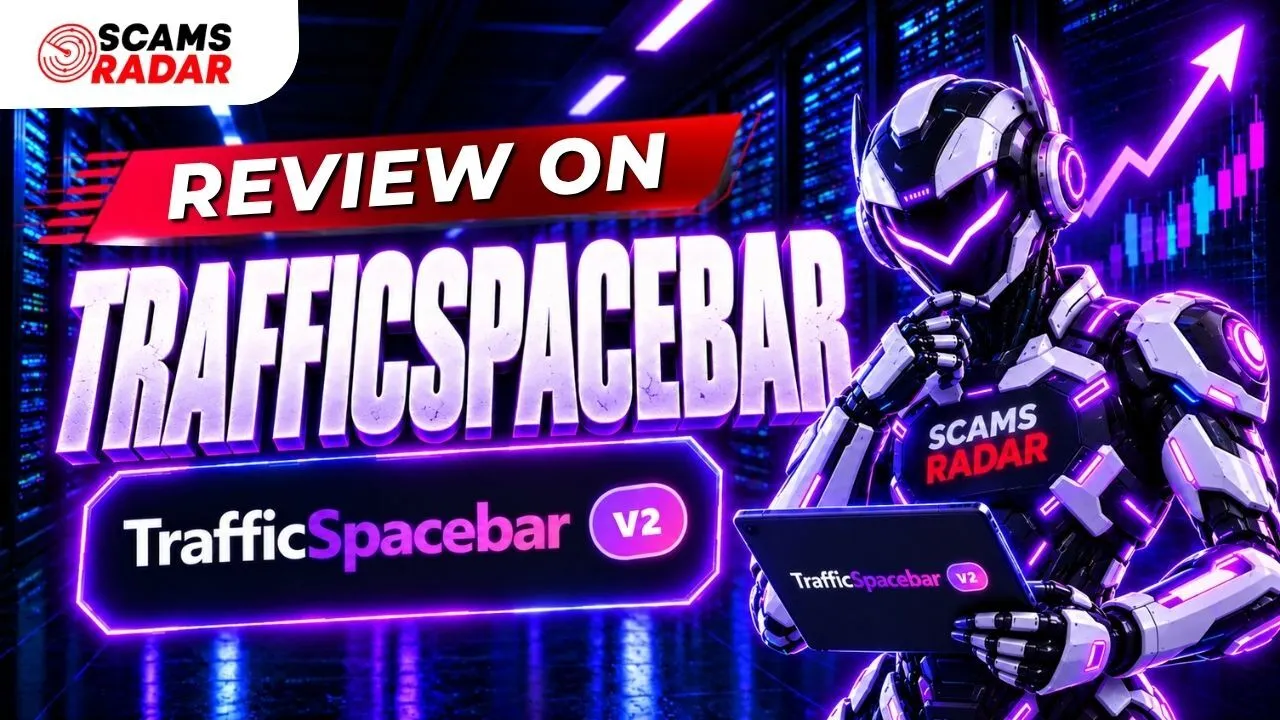 Review on Traffic Spacebar V2 featured by Scams Radar showing a futuristic robot with a tablet in a server room