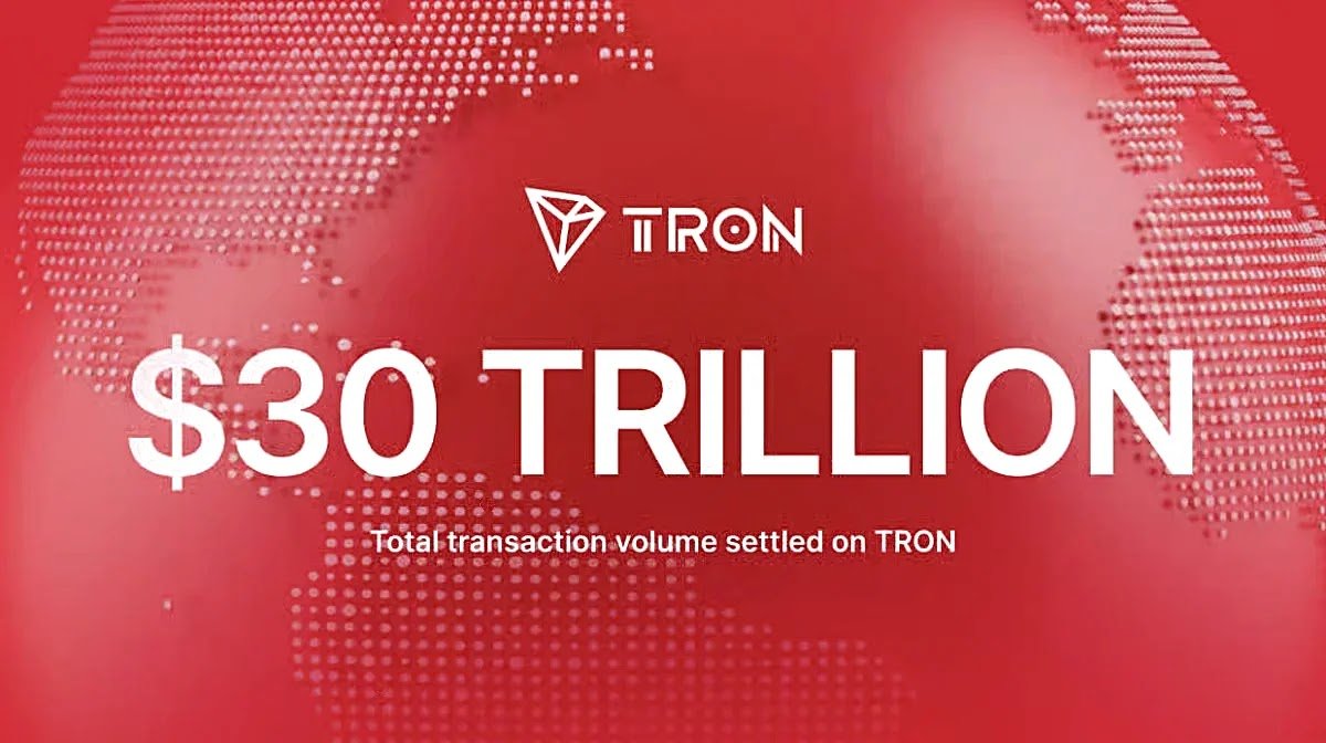 Red digital globe banner featuring TRON logo with bold text reading $30 TRILLION Total transaction volume settled on TRON.