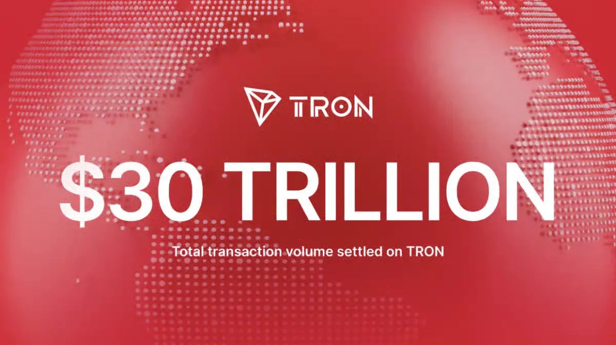 TRON logo with 30 Trillion total transaction volume text on red globe background