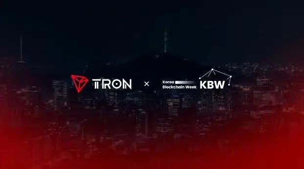 Official banner featuring TRON and Korea Blockchain Week (KBW) logos over a dark city skyline background with red lighting elements.